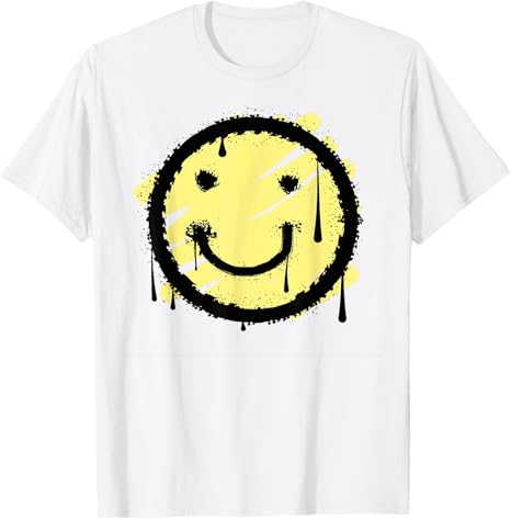 White t-shirt with a yellow smiley face design on a white background
