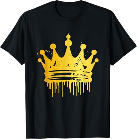 Black t-shirt with a yellow crown graphic on a white background