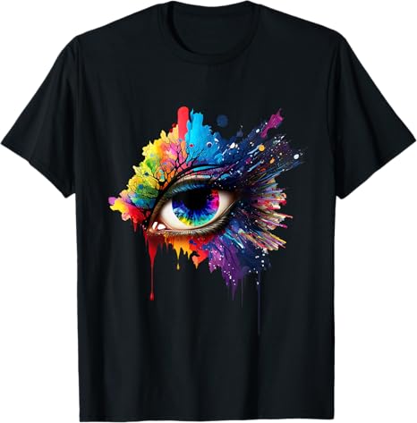 Black t-shirt with a colorful eye design on a white background