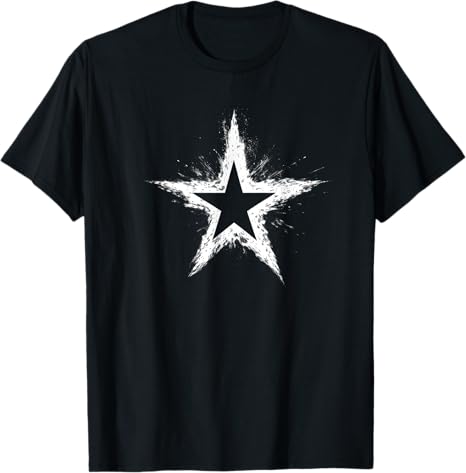 Black t-shirt with a white star design on a plain background