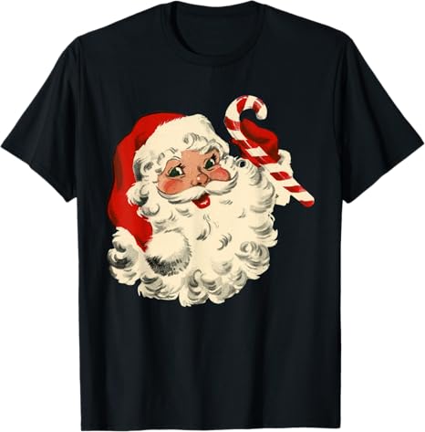 Black t-shirt with a vintage-style Santa Claus graphic holding candy canes on a white background