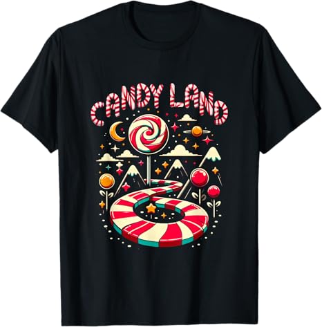 Black t-shirt with Candy Land design featuring a lollipop and candy-themed graphics on a white background.