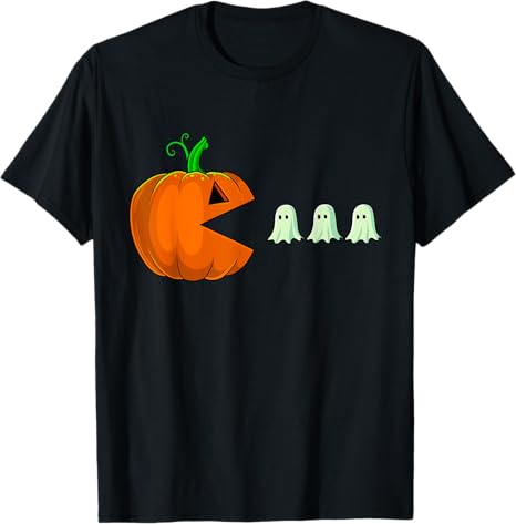 Black t-shirt with a Halloween-themed design featuring a pumpkin and ghosts on a white background.